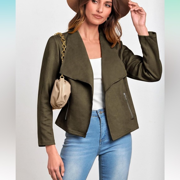 NEVER WORN! Olive Green Faux Suede Jacket - Picture 2 of 8